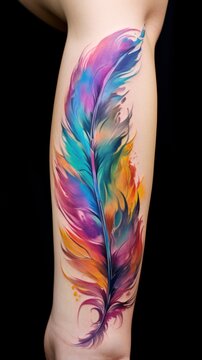 multicolored feather tattoo, arm tattoo