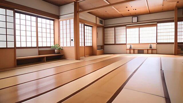 Spacious room for martial arts practicing. Traditional interior for dojo or karate school hall. Indoor background with copy space. AI generative.