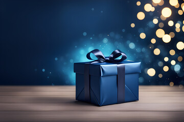 dark blue gift on festive New Year's blue background with bokeh