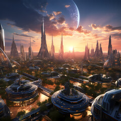 A futuristic city at sunset with city lights.