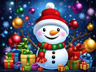 Smiling snowman on a Christmas background with balls and gifts