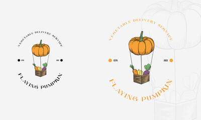 Farm fresh delivery design template. Classic vintage Flying Pumpkins with organic vegetables. Vector illustration
