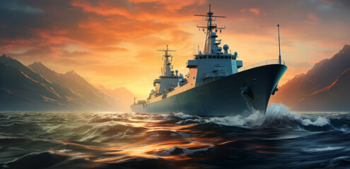 Fototapeta premium A military ship on open water at sunset