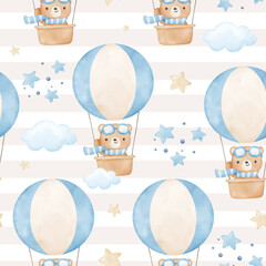 Seamless pattern baby bear in hot air balloon For baby shower Greeting card Clothing kids Fabric print - obrazy, fototapety, plakaty