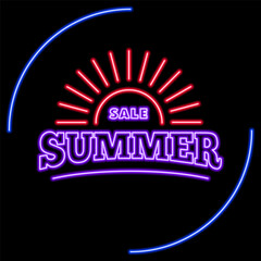 sale summer neon sign, modern glowing banner design, colorful modern design trends on black background. Vector illustration.