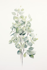 Watercolor painting of a bouquet of eucalyptus leaves in green tones as a background. Generative AI.