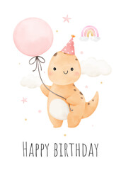 Postcard dinosaur girl with balloon For nursery kids Birthday