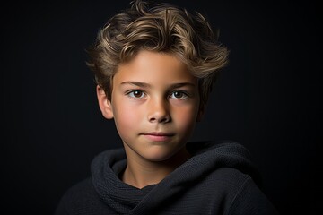 Portrait of a boy on a black background. Close-up.