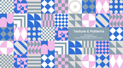 pattern abstract neo geo geometry shape vector wallpaper blue pink gray color template square circle diamond triangle basic shape pattern page - obrazy, fototapety, plakaty