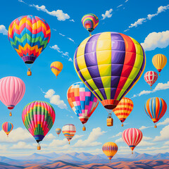 Vibrant hot air balloons against a clear sky.