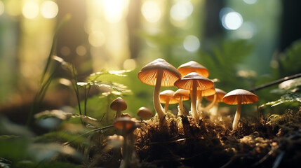 
hallucinogenic mushrooms close-up against a forest background - obrazy, fototapety, plakaty