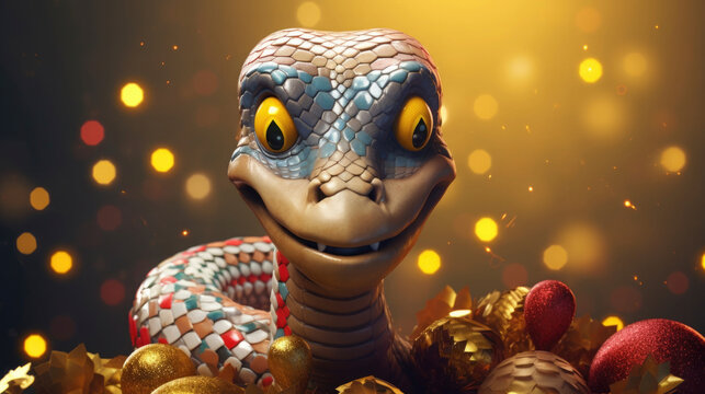 3D snake smiling on a yellow background with bokeh on New Year's balls.Generative AI
