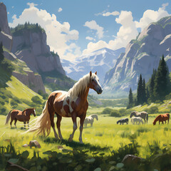 A group of horses grazing in a lush meadow.