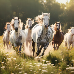 A group of horses running through a meadow.