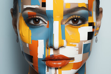 Woman face with paint, art collage illustration, closeup, modern abstract surreal
