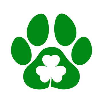 D&iacute;a de San Patricio. Logo pet friendly. Silueta de zarpa de perro o gato con tr&eacute;bol de 3 hojas en espacio negativo para su uso en tarjetas y felicitaciones