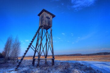 Landscape with hunting lodge in middle of meadow