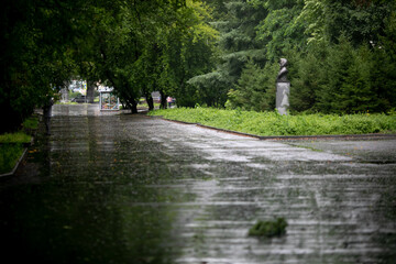 Wet streets of a residential area.