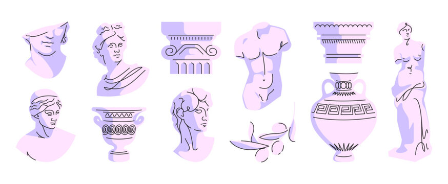 Ancient greek line elements. Doodle ancient roman line stickers, statues and sculptures with vases and antique architectural decorative elements. Vector isolated collection. Artwork and monuments