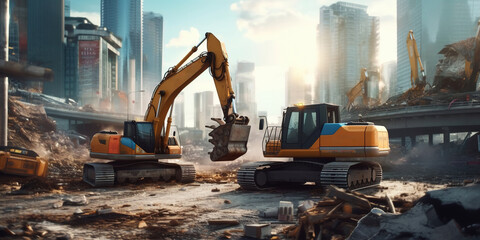 Billboard Construction in The City Demolished By Excavator Background - obrazy, fototapety, plakaty