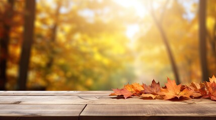 Autumnal Ambiance: A Wooden Table Set Amidst a Backdrop of Nature's Autumn Leaves
