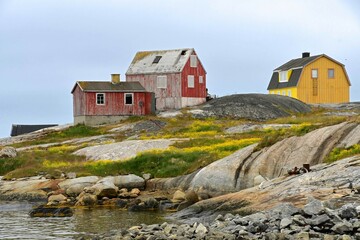 colorful houses on the rocky shore of the remote fishing village of nanortalik island in summer, in...