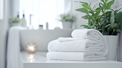 Fototapeta na wymiar bathroom furniture in white with white towels and plants. Generative in ai