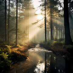 A misty forest with soft sunlight