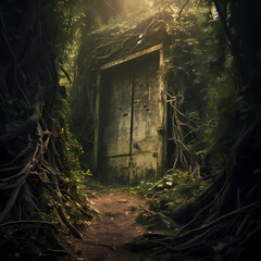 A mysterious door at the end of a narrow path.