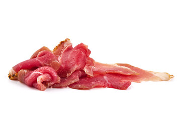 Dry Spanish ham, Jamon Serrano, Bellota, Italian Prosciutto Crudo or Parma ham, isolated on white background.