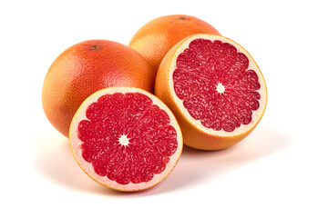 Pink ripe grapefruit with slice, isolated on white background.