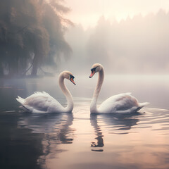 A pair of swans swimming in a calm lake.