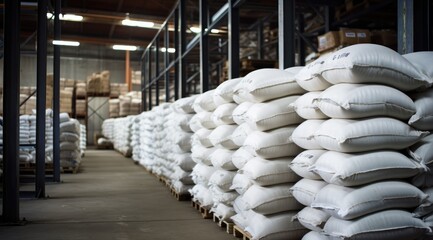 Rows of big white sacks at large warehouse in modern factory.