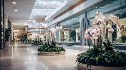 Shopping center decorated with flowers orchids. - obrazy, fototapety, plakaty