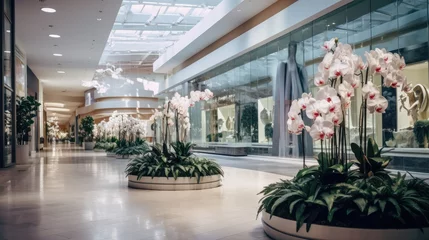 Fotobehang Shopping center decorated with flowers orchids. © kardaska