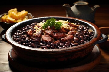 Feijoada served in a clay bowl on a rustic wooden table. Brazilian cuisine