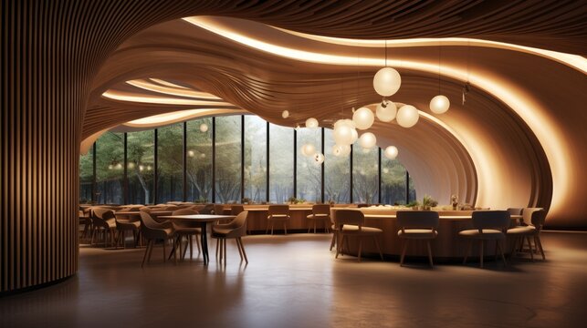 Interior of a restaurant, curved walls