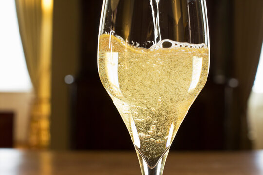 Sparkling champagne in a glass in a dark room