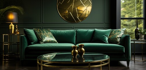 Luxurious Living Room with Green Velvet Sofa and Gold Accents