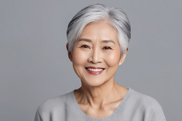 A portrait of an Asian lady, a smiling elderly woman with gray hair, stands on a gray background. A place for text, a banner for advertising.