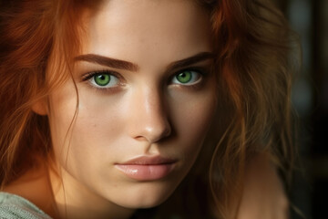 Close-up portrait of a young woman with captivating green eyes, accentuated by her vibrant auburn hair. Ideal for beauty, cosmetics, and fashion themes focusing on natural allure and intensity. - obrazy, fototapety, plakaty