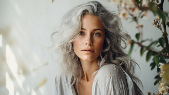 Captivating woman with silver curls and serene blue eyes.
