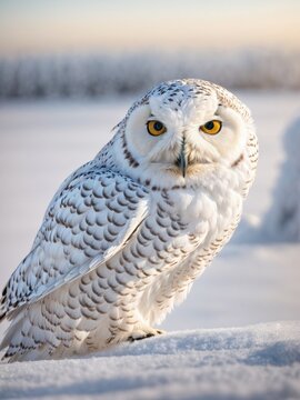 White Owl Perched on Snowy Ground
