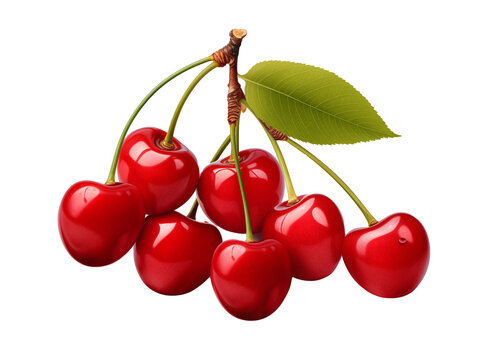 A transparent-background image of a bunch of ripe, red cherries.