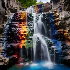A rainbow-colored waterfall cascading down rocks.