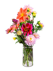 Isolated dahlia flower arrangement in a glass vase - 690563830