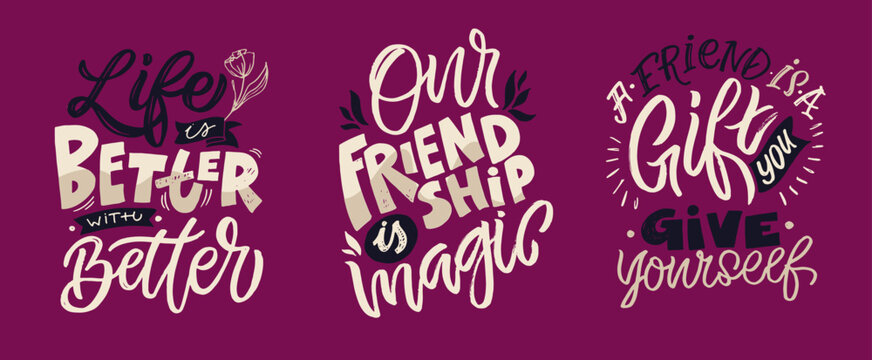 Cute hand drawn doodle lettering poster set about friends. Friendship. T-shirt design, mug print.