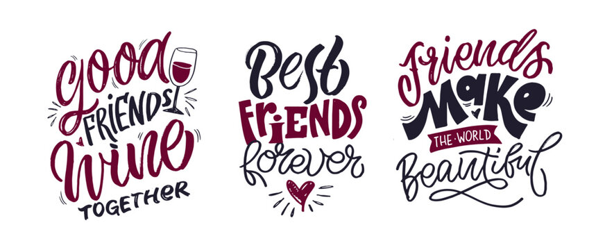 Cute hand drawn doodle lettering poster set about friends. Friendship. T-shirt design, mug print.