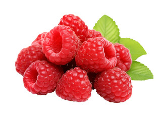 A white-background photo featuring a perfect cluster of ripe raspberries.