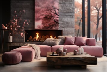 Cozy Pink and Grey Living Room with Autumn View